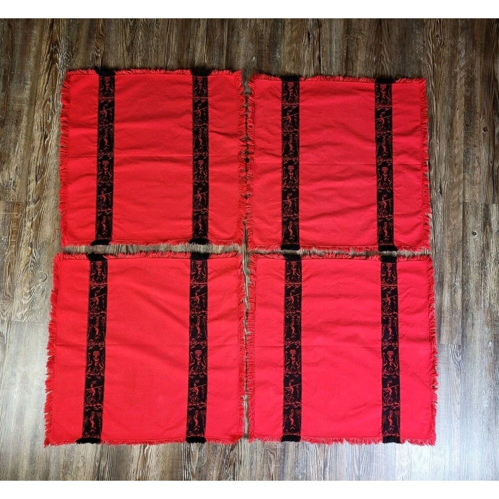 4 Red Black Fabric Placemats Indian African Tribal People 20x20 Fringe Primitive